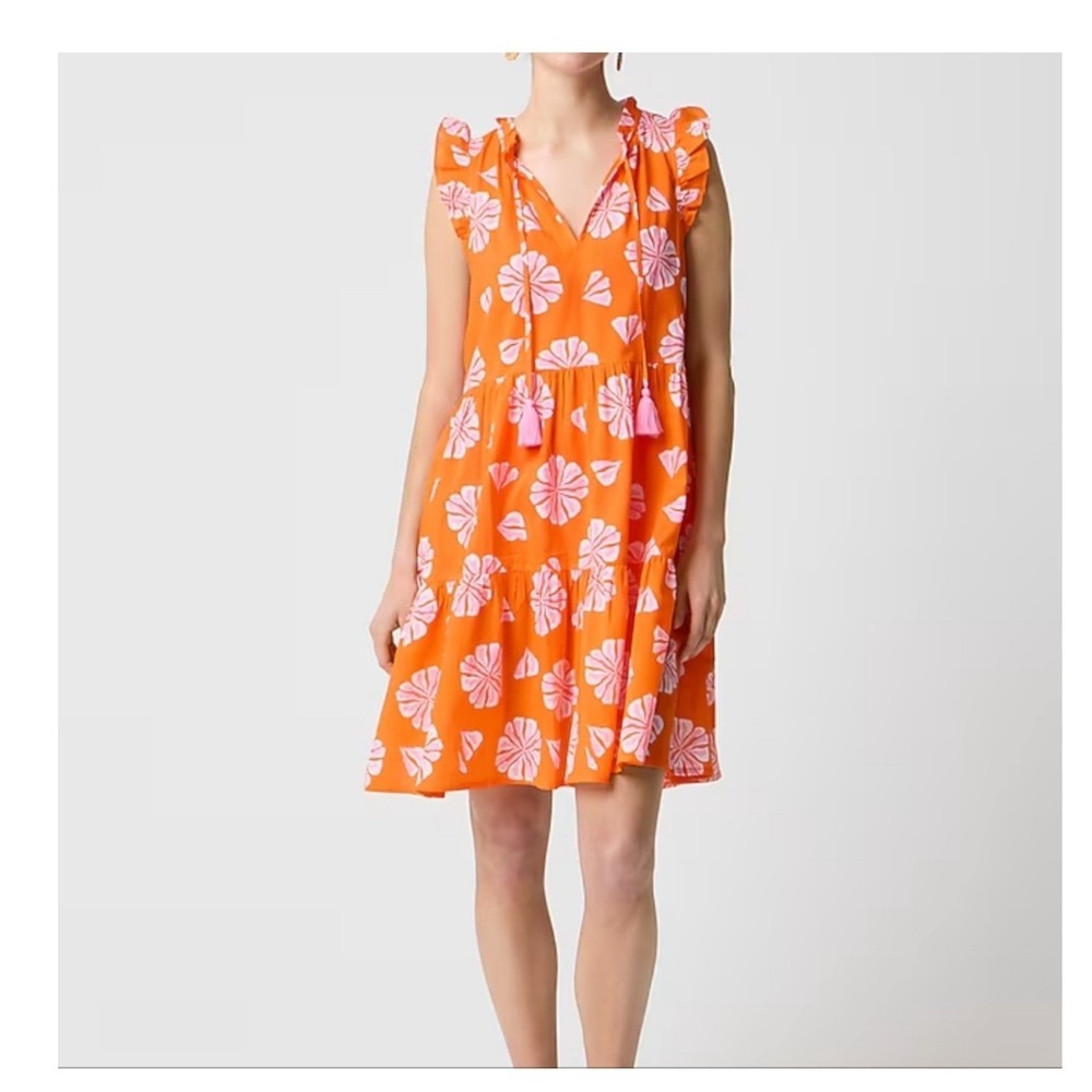J.Crew Orange Pink Floral Tiered Mini Dress Tassel V-Neck Cotton Size XS